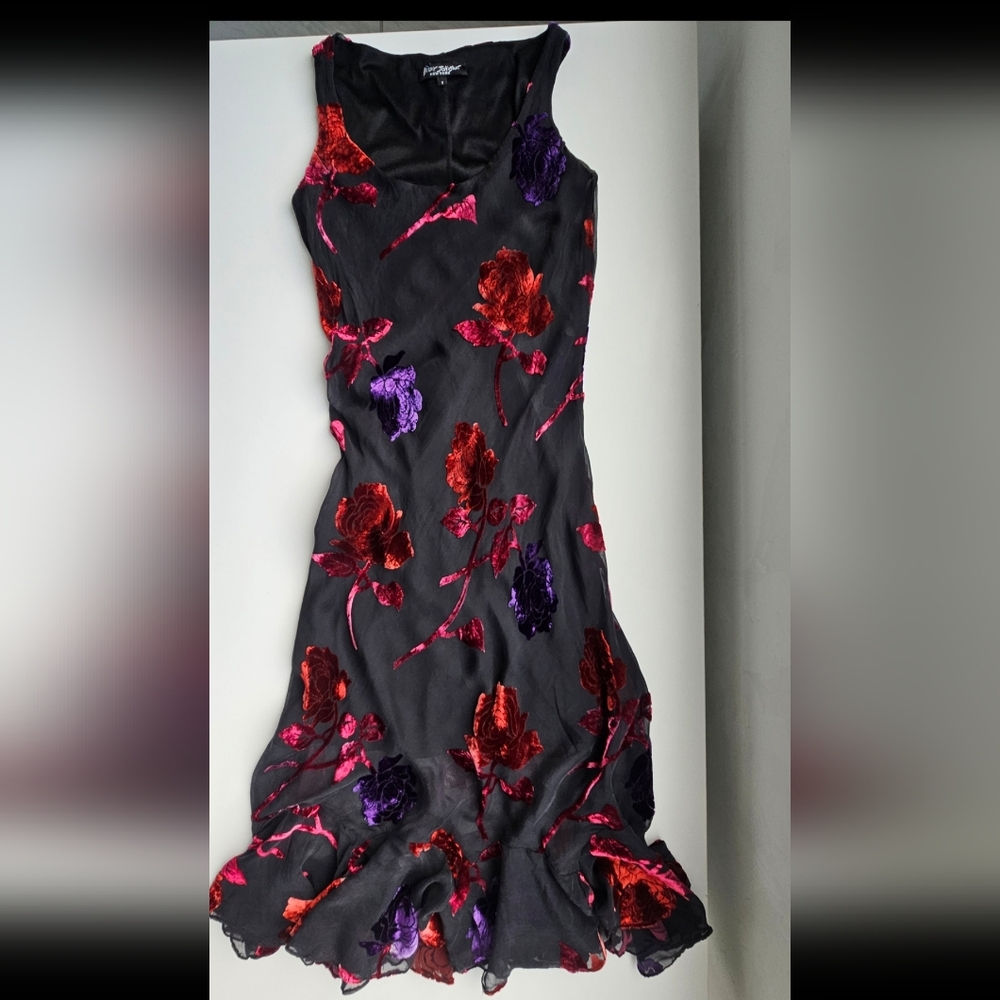 Betsey Johnson Vintage  Black Purple Red Orange Velvet Applique Ruffled Dress - Picture 10 of 16